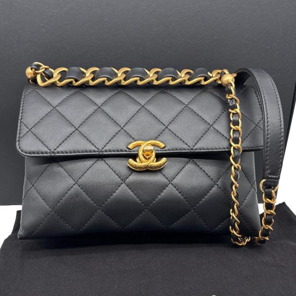 CHANEL CC Top Handle Flap Chain Bar Quilted Calfskin Leather Shoulder Bag Black