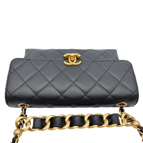CHANEL CC Top Handle Flap Chain Bar Quilted Calfskin Leather Shoulder Bag Black