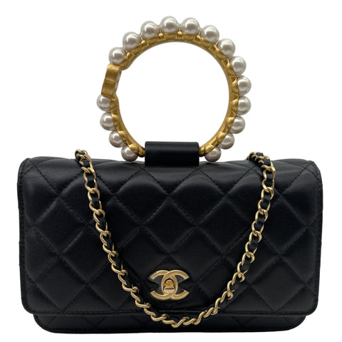 CHANEL Pearl Crown Quilted Lambskin Leather Wallet On Chain Black