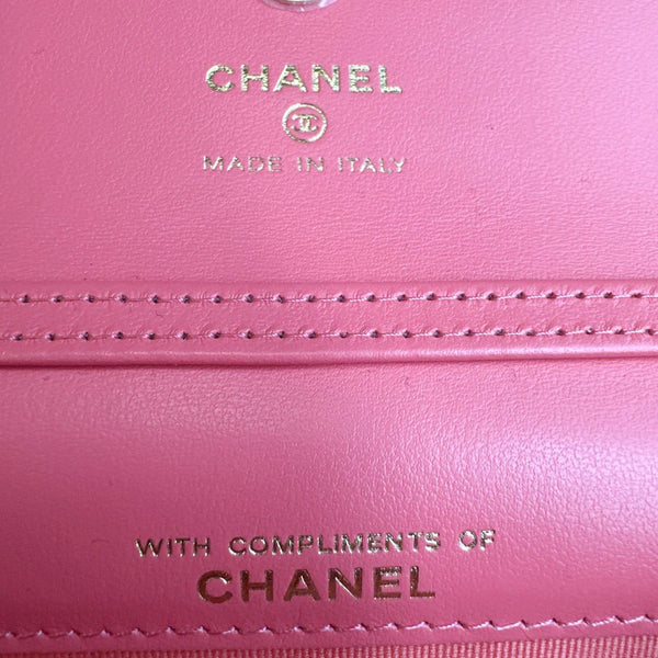 CHANEL Shiny Quilted Lambskin Leather Card Holder On Chain Red