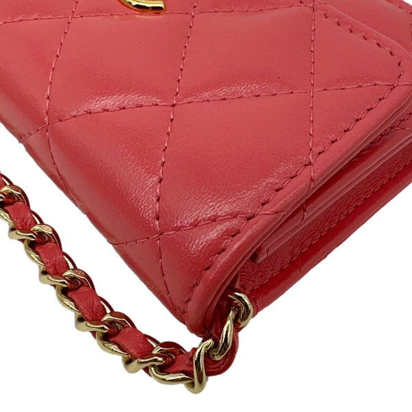 CHANEL Shiny Quilted Lambskin Leather Card Holder On Chain Red