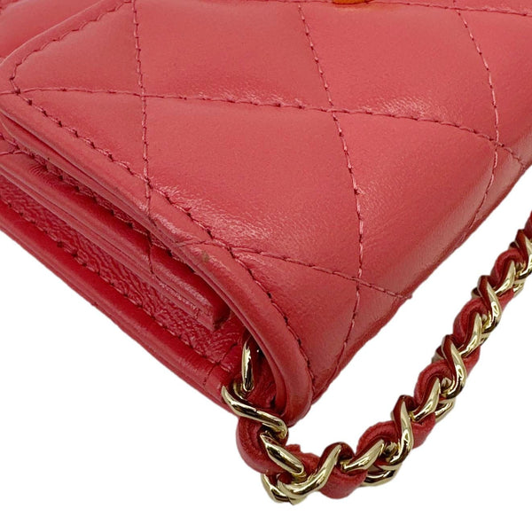 CHANEL Shiny Quilted Lambskin Leather Card Holder On Chain Red