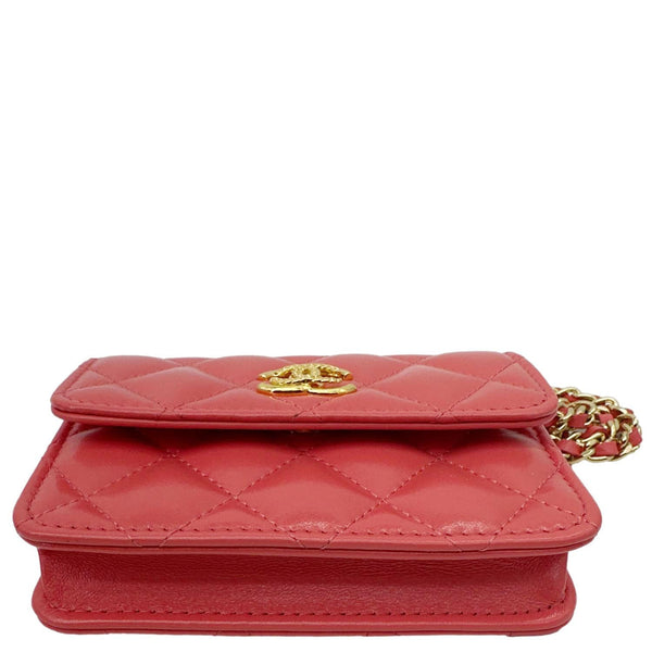 CHANEL Shiny Quilted Lambskin Leather Card Holder On Chain Red
