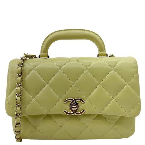 CHANEL Flap Mini Quilted Lambskin Leather Top Handle Crossbody Bag Yellow