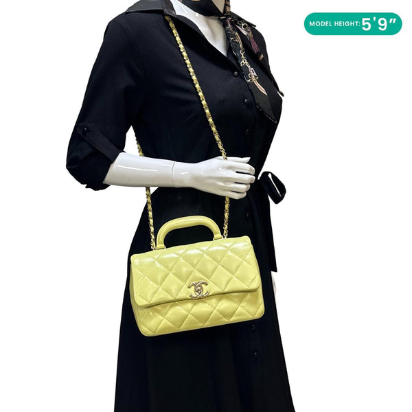 CHANEL Flap Mini Quilted Lambskin Leather Top Handle Crossbody Bag Yellow