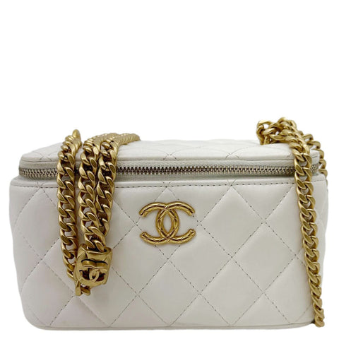 CHANEL Pillow Crush Small Quilted Lambskin Leather Vanity Case With Chain White
