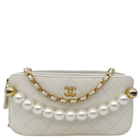 CHANEL Chic Pearls Quilted Lambskin Leather Double Zip Clutch With Chain White