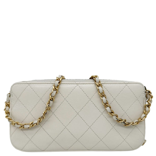 CHANEL Chic Pearls Quilted Lambskin Leather Double Zip Clutch With Chain White