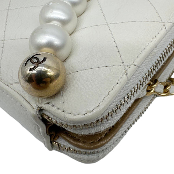 CHANEL Chic Pearls Quilted Lambskin Leather Double Zip Clutch With Chain White