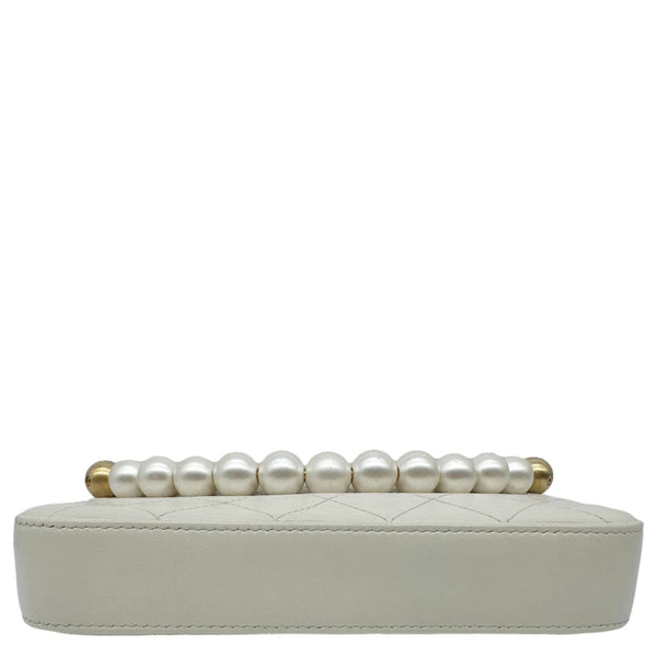 CHANEL Chic Pearls Quilted Lambskin Leather Double Zip Clutch With Chain White