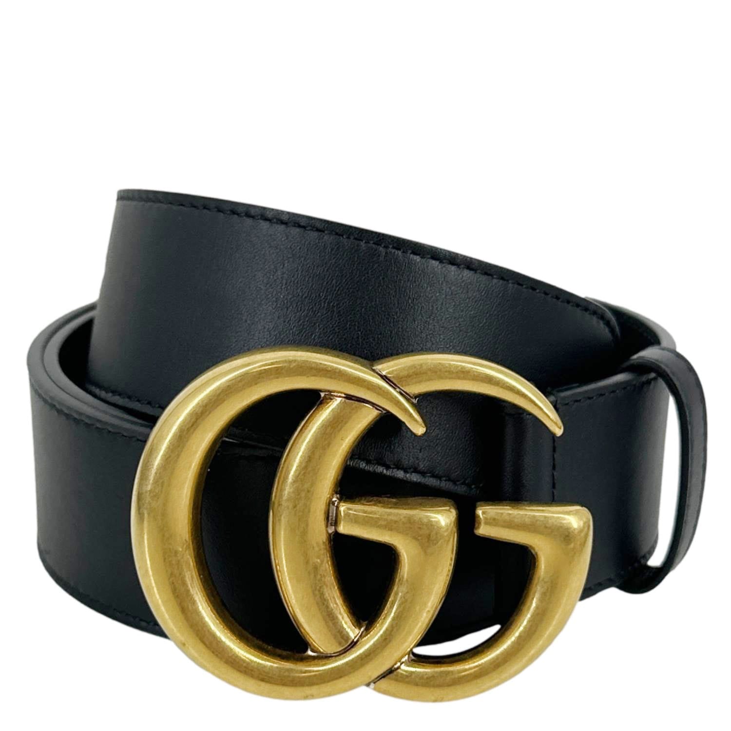 GUCCI Double G Marmont Buckle Smooth Leather Belt Size 90.36 Black 400593