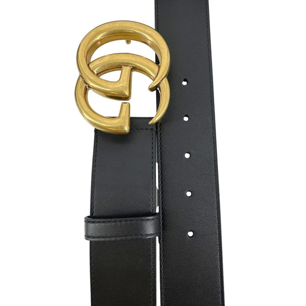 GUCCI Double G Marmont Buckle Smooth Leather Belt Size 90.36 Black 400593