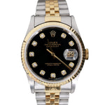 Rolex Datejust 36mm 18k Gold Steel Fluted Bezel Black Diamond Dial Watch 16233