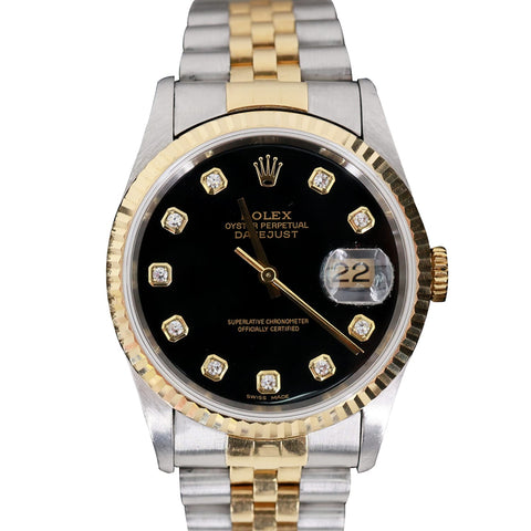 Rolex Datejust 36mm 18k Gold Steel Fluted Bezel Black Diamond Dial Watch 16233
