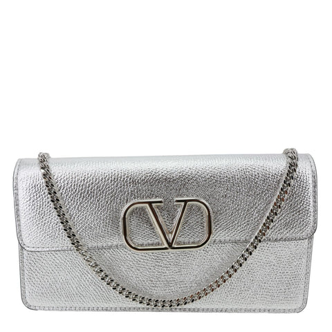 VALENTINO VLogo Metallic Leather Wallet On Chain Silver