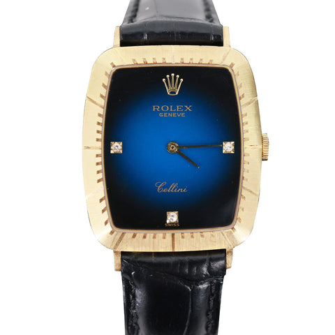 Rolex Cellini 30mm 18k Yellow Gold Bezel Blue Vignette Diamond Dial Watch 4087