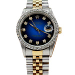 Rolex Datejust 18k Gold Steel 36mm Diamond Bezel Blue Vignette Dial Watch 16233