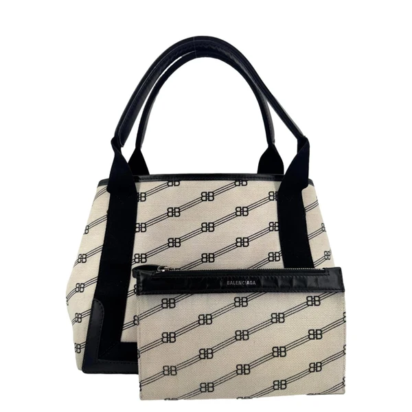 BALENCIAGA Logo S Navy Cabas Canvas Hobo Bag White