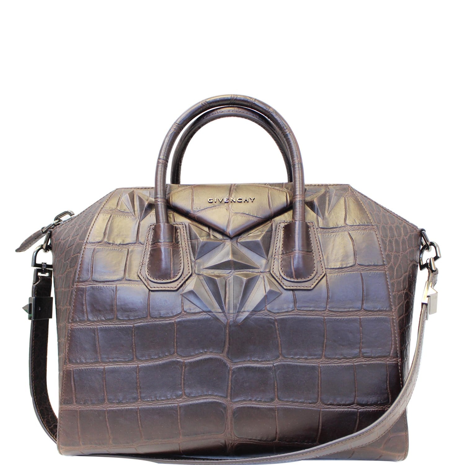 GIVENCHY Antigona Medium Croc Embossed Leather Satchel Shoulder Bag Brown