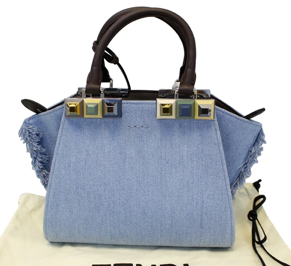 FENDI 3 Jour Mini Fringed Denim Studs Tote Crossbody Bag