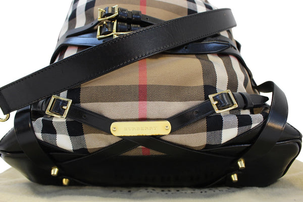 BURBERRY Nova Check Black Canvas Bridle Hobo Bag - leather strip