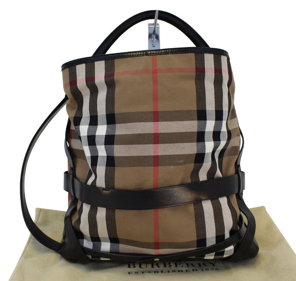 BURBERRY Nova Check Black Canvas Bridle Hobo Bag - brown leather