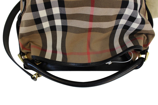 BURBERRY Nova Check Black Canvas Bridle Hobo Bag - pure leather 